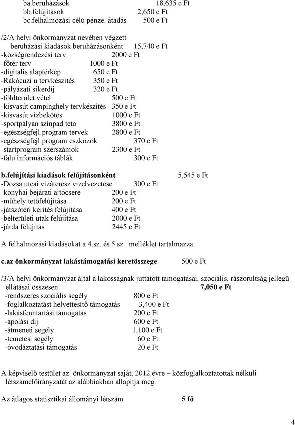 Ft -Rákócuzi u tervkészítés 350 e Ft -pályázati sikerdíj 320 e Ft -földterület vétel -kisvasút campinghely tervkészítés 350 e Ft -kisvasút vízbekötés 1000 e Ft -sportpályán színpad tető 3800 e Ft