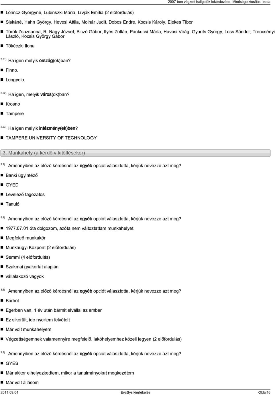 Lengyelo. 2.52) Ha igen, melyik város(ok)ban? Krosno Tampere 2.53) Ha igen melyik intézmény(ek)ben? TAMPERE UNIVERSITY OF TECHNOLOGY 3. Munkahely (a kérdőív kitöltésekor) 3.