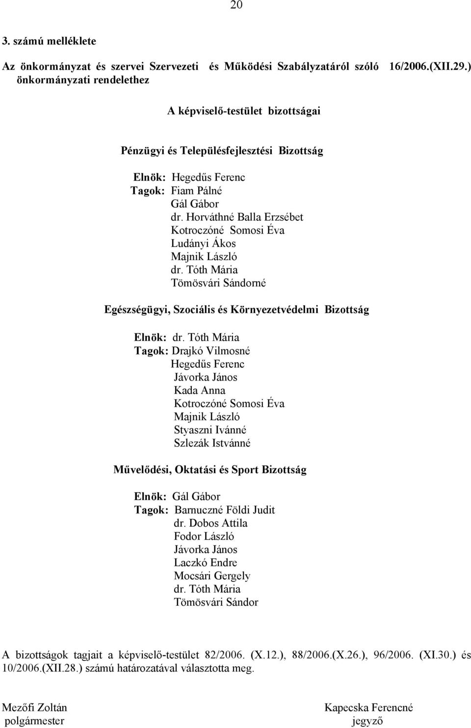 Horváthné Balla Erzsébet Kotroczóné Somosi Éva Ludányi Ákos Majnik László dr. Tóth Mária Tömösvári Sándorné Egészségügyi, Szociális és Környezetvédelmi Bizottság Elnök: dr.