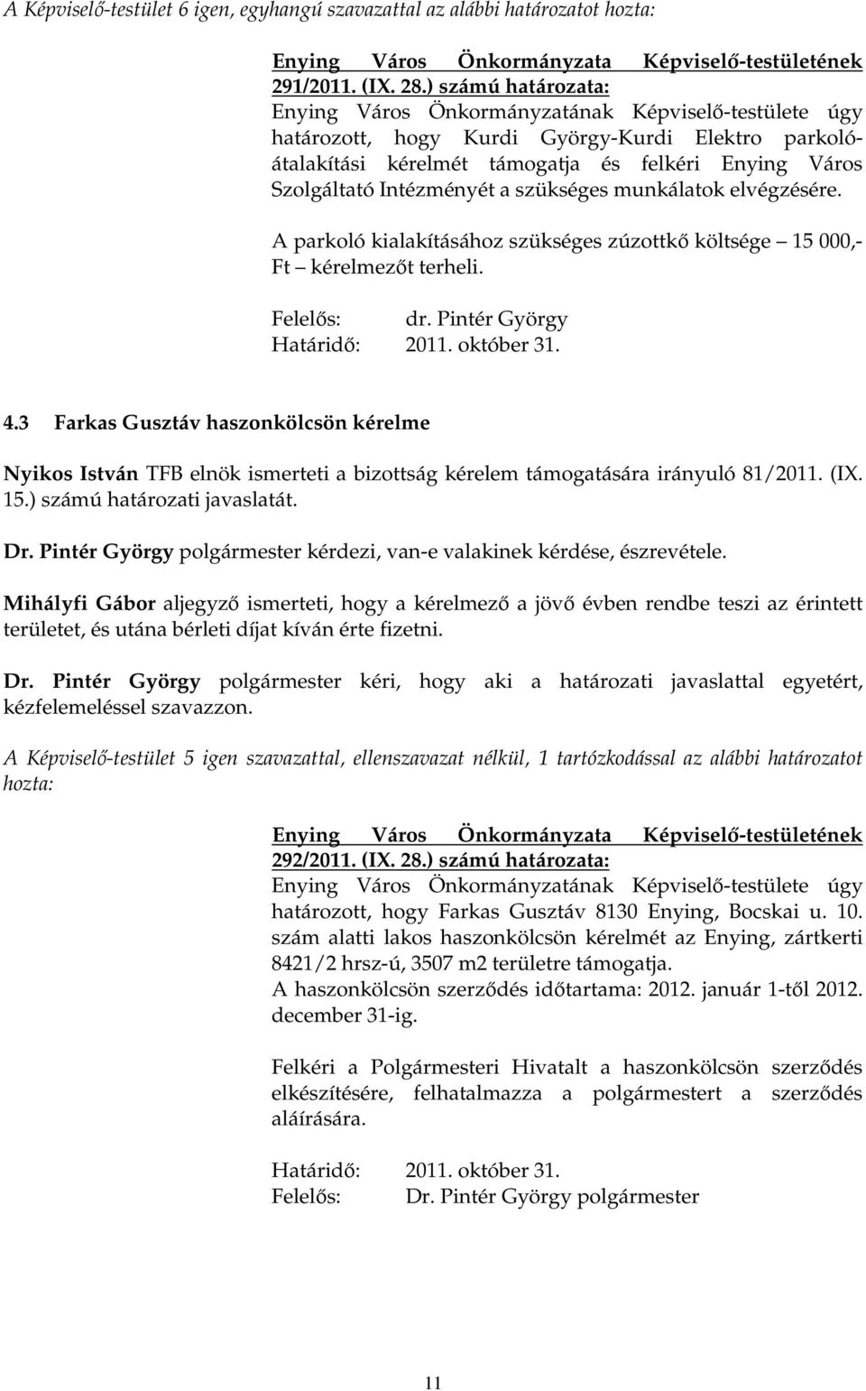 A parkoló kialakításához szükséges zúzottkı költsége 15 000,- Ft kérelmezıt terheli. dr. Pintér György Határidı: 2011. október 31. 4.