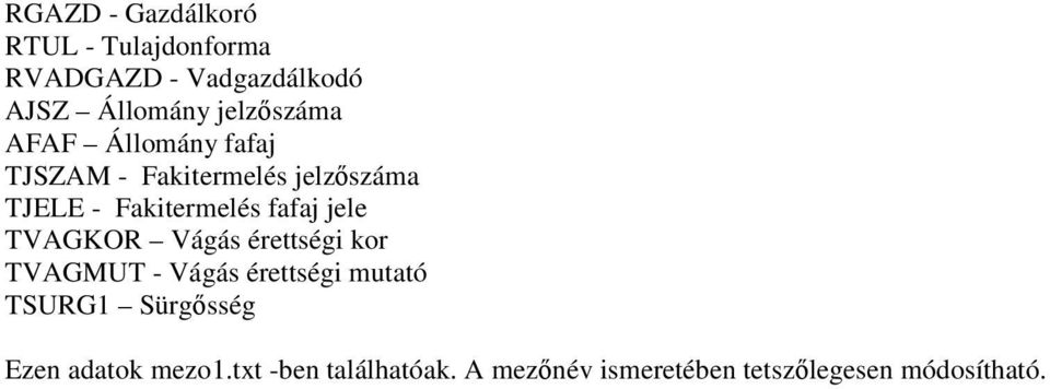fafaj jele TVAGKOR Vágás érettségi kor TVAGMUT - Vágás érettségi mutató TSURG1