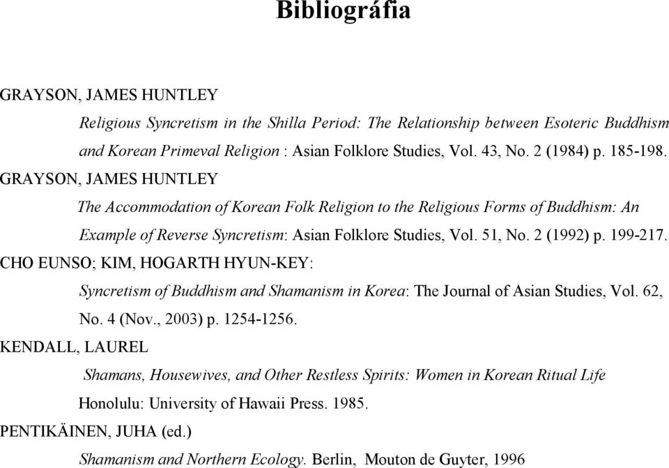 2 (1992) p. 199-217. CHO EUNSO; KIM, HOGARTH HYUN-KEY: Syncretism of Buddhism and Shamanism in Korea: The Journal of Asian Studies, Vol. 62, No. 4 (Nov., 2003) p. 1254-1256.