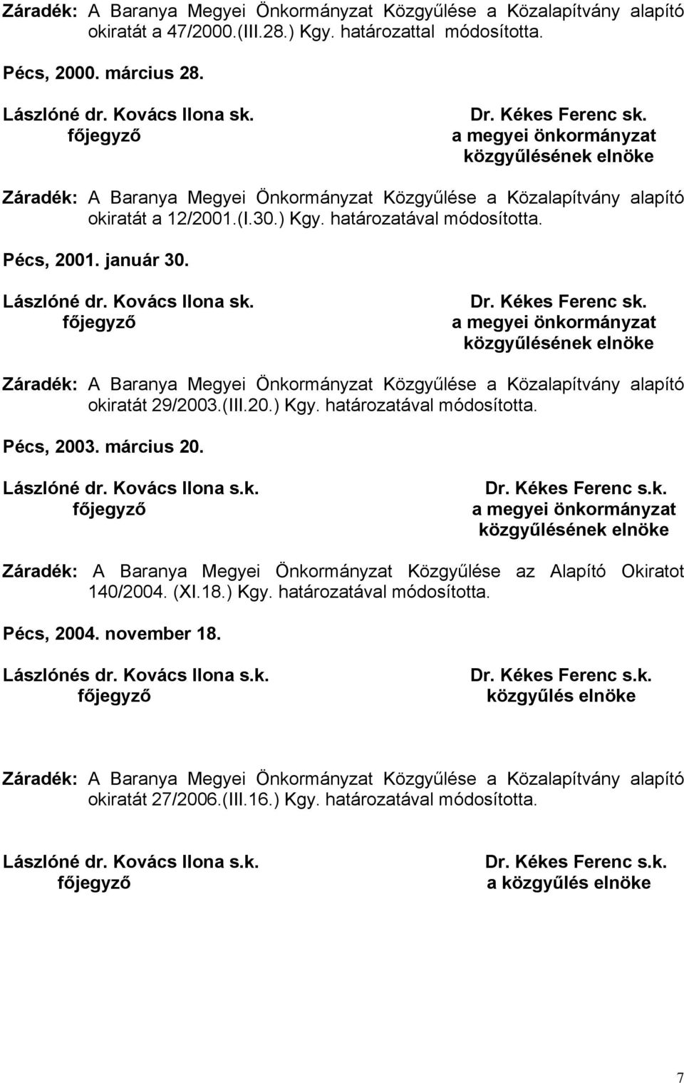 Kovács Ilona sk. Dr. Kékes Ferenc sk. Záradék: A Baranya Megyei Önkormányzat Közgyűlése a Közalapítvány alapító okiratát 29/2003.(III.20.) Kgy. határozatával módosította. Pécs, 2003. március 20.