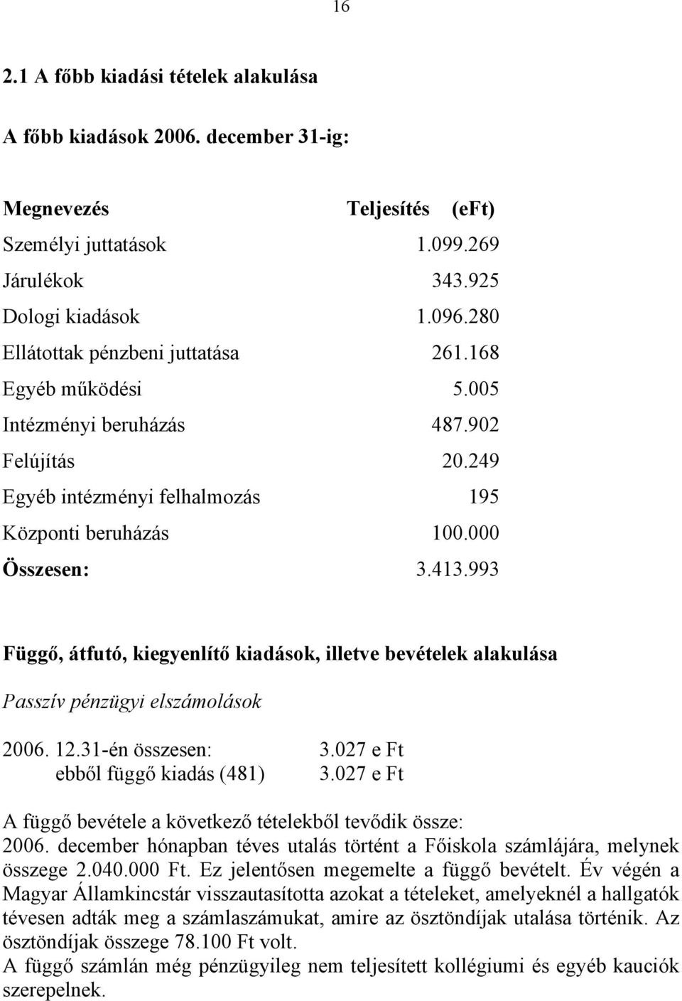 993 Függő, átfutó, kiegyenlítő kiadások, illetve bevételek alakulása Passzív pénzügyi elszámolások 2006. 12.31-én összesen: 3.027 e Ft ebből függő kiadás (481) 3.