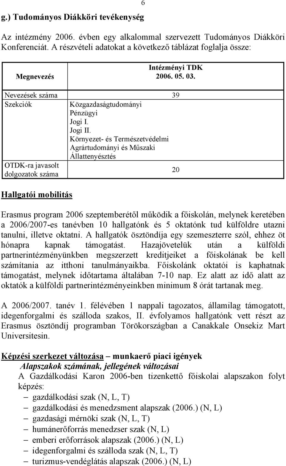 Környezet- és Természetvédelmi Agrártudományi és Műszaki Állattenyésztés OTDK-ra javasolt 20 dolgozatok száma Hallgatói mobilitás Erasmus program 2006 szeptemberétől működik a főiskolán, melynek