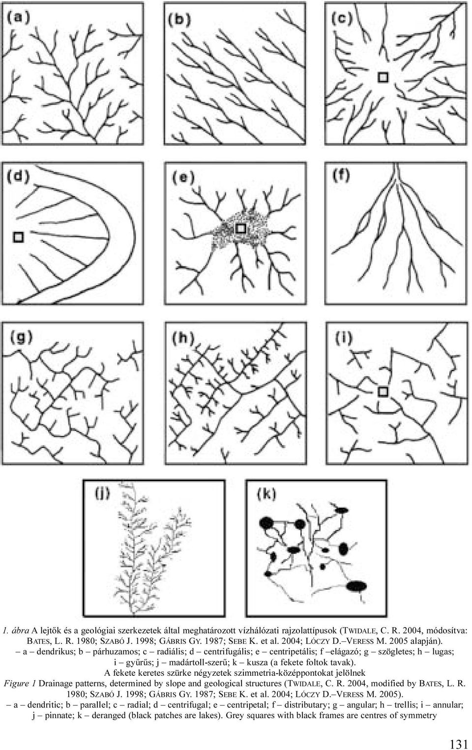 a dendrikus; b párhuzamos; c radiális; d centrifugális; e centripetális; f elágazó; g szögletes; h lugas; i gyűrűs; j madártoll-szerű; k kusza (a fekete foltok tavak).