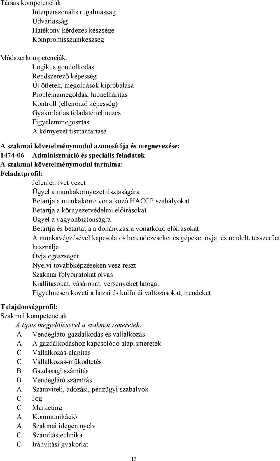 szakmai követelménymodul tartalma: Feladatprofil: Jelenléti ívet vezet Ügyel a munkakörnyezet tisztaságára Betartja a munkakörre vonatkozó HACCP szabályokat Betartja a környezetvédelmi előírásokat