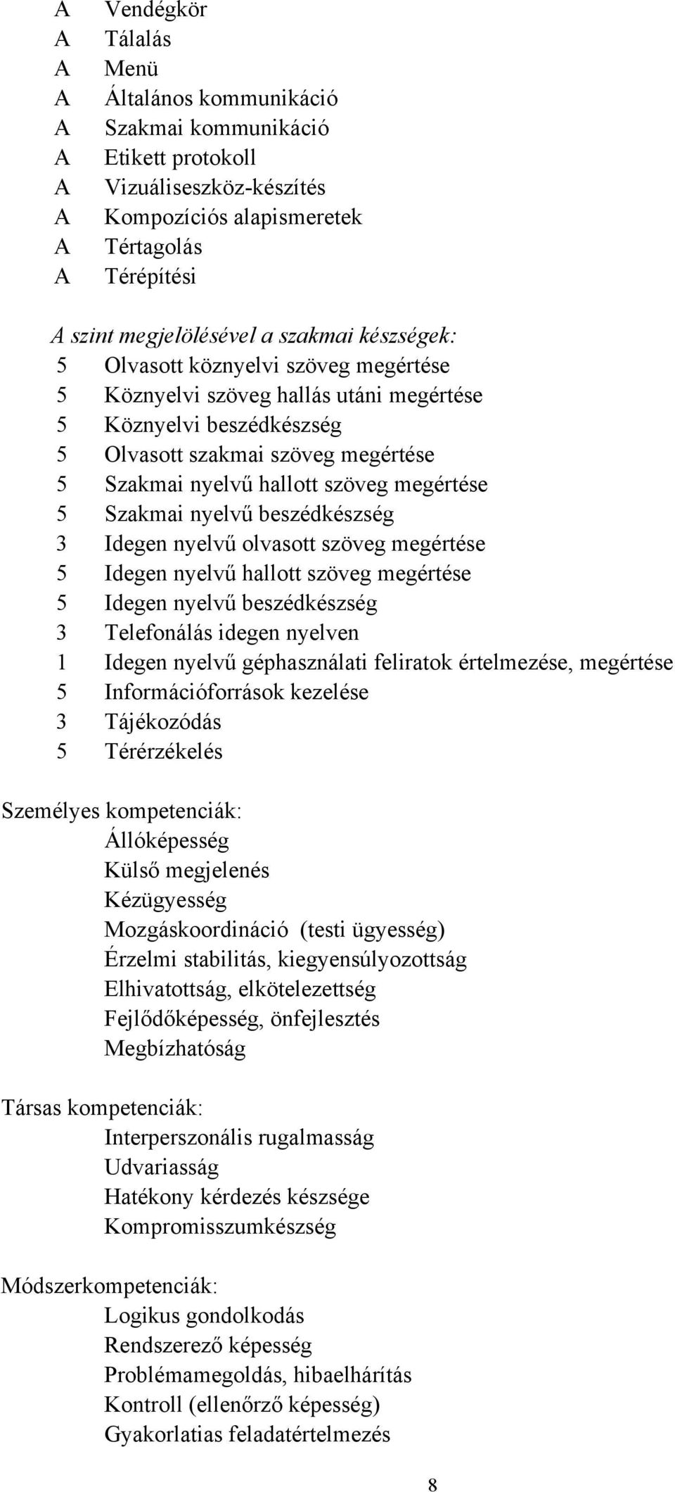 megértése 5 Szakmai nyelvű beszédkészség 3 Idegen nyelvű olvasott szöveg megértése 5 Idegen nyelvű hallott szöveg megértése 5 Idegen nyelvű beszédkészség 3 Telefonálás idegen nyelven 1 Idegen nyelvű