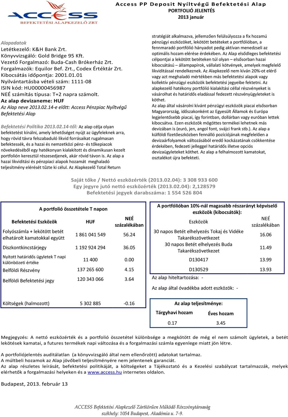 14-e előtt: Access Pénzpiac Nyíltvégű Befektetési Alap Befektetési Politika 2013.02.