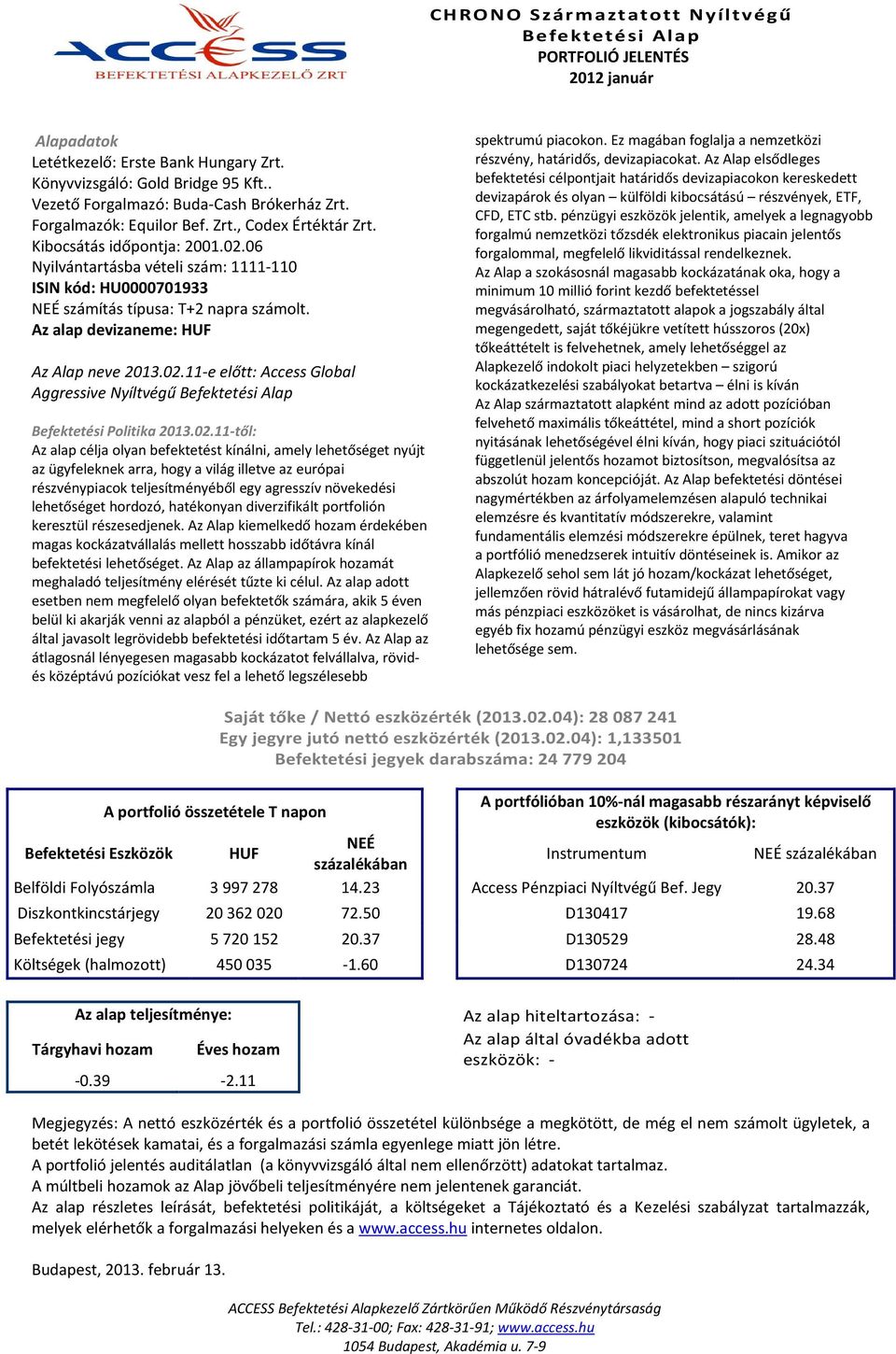 11-e előtt: Access Global Aggressive Nyíltvégű Befektetési Alap Befektetési Politika 2013.02.