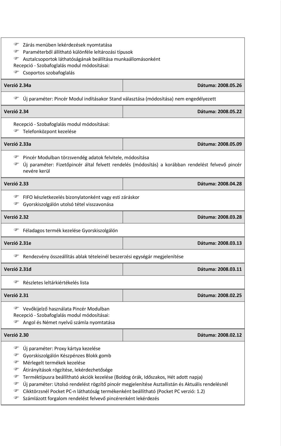 33 Dátuma: 2008.04.28 FIFO készletkezelés bizonylatonként vagy esti záráskor Gyorskiszolgálón utolsó tétel visszavonása Verzió 2.32 Dátuma: 2008.03.