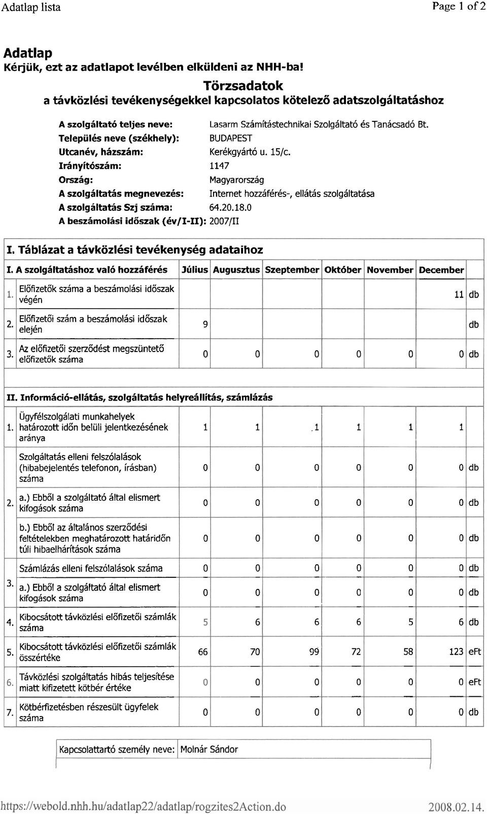 megnevezes: A szolgaltat6s Szj szama: 64.2.8. A besz6molasi idoszak (&/I-): 27 I. Thblhzat a t5vkozlksi tevkkenyseg adataihoz Lasarm Szarnitastechnikai Szolghltat6 b Tanacsad6 Bt.