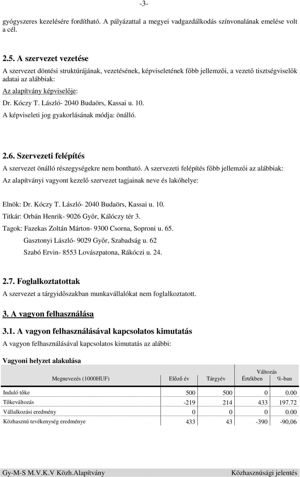 László- 2040 Budaörs, Kassai u. 10. A képviseleti jog gyakorlásának módja: önálló. 2.6. Szervezeti felépítés A szervezet önálló részegységekre nem bontható.