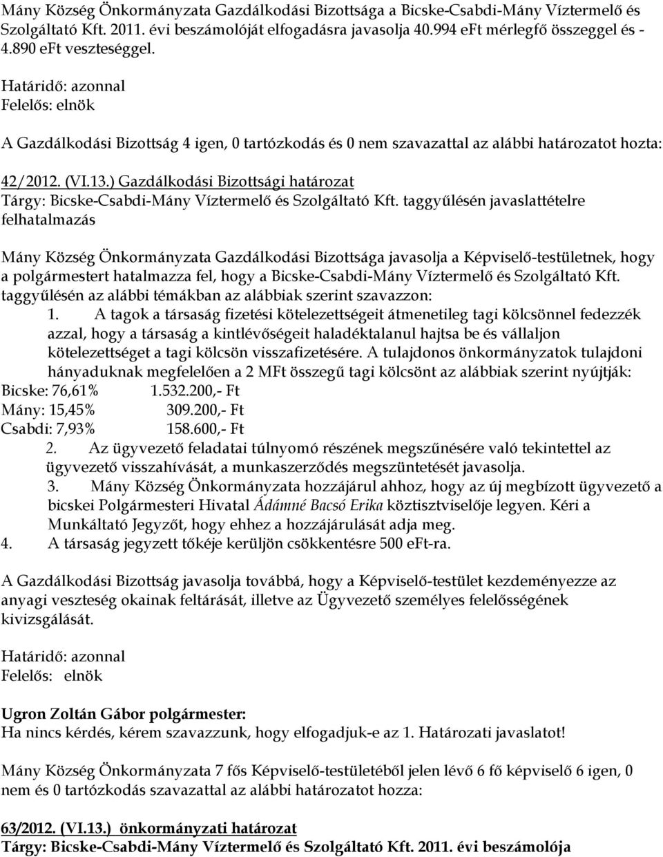) Gazdálkodási Bizottsági határozat Tárgy: Bicske-Csabdi-Mány Víztermelő és Szolgáltató Kft.