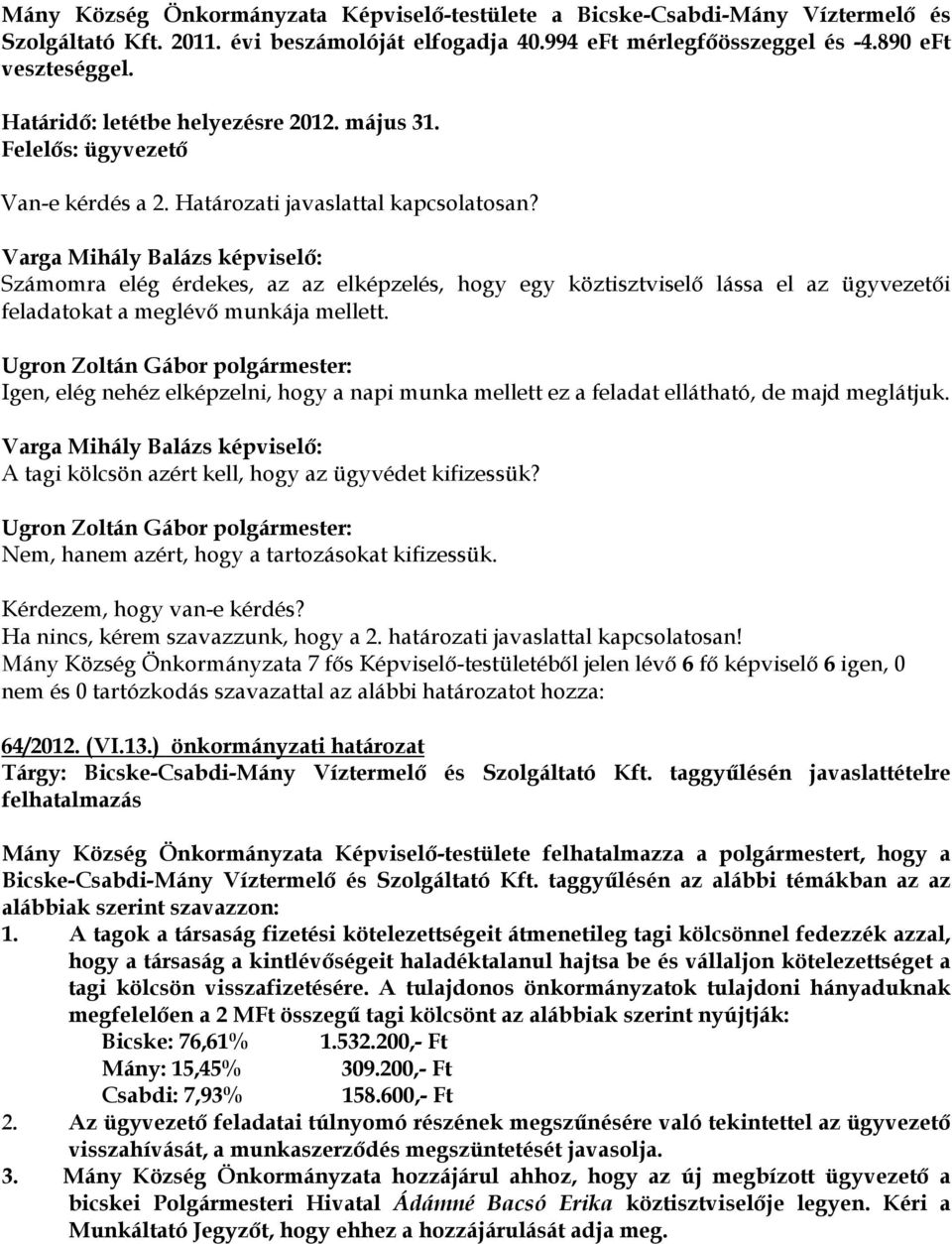 Varga Mihály Balázs képviselő: Számomra elég érdekes, az az elképzelés, hogy egy köztisztviselő lássa el az ügyvezetői feladatokat a meglévő munkája mellett.