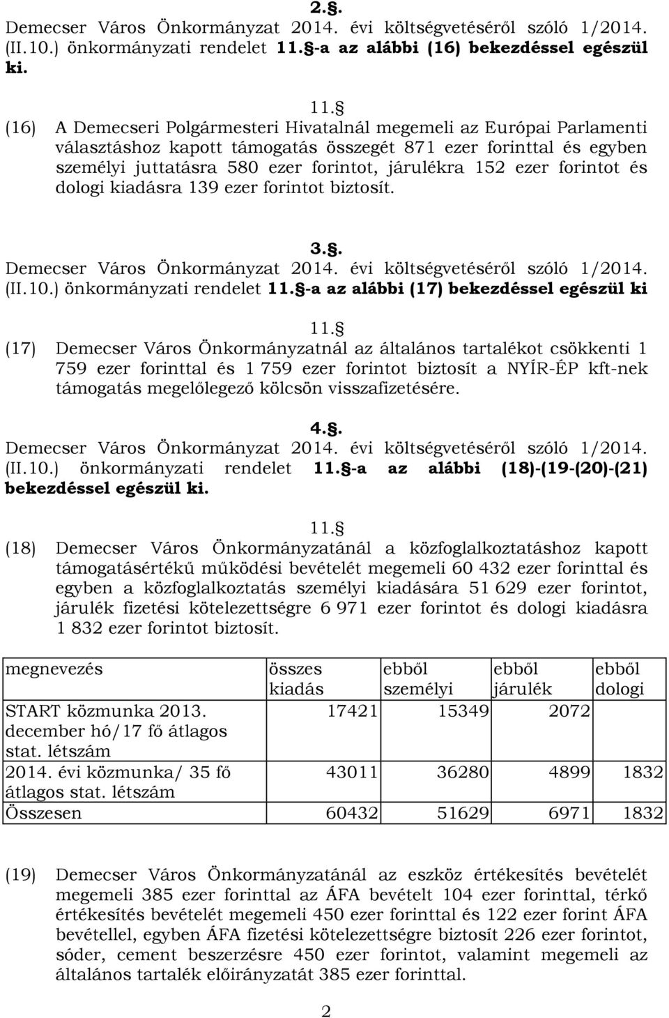 (16) A Demecseri Polgármesteri Hivatalnál megemeli az Európai Parlamenti választáshoz kapott támogatás összegét 871 ezer forinttal és egyben személyi juttatásra 580 ezer forintot, járulékra 152 ezer