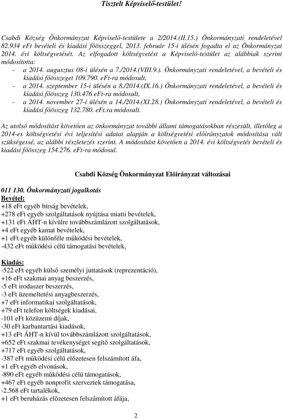 (VIII.9.). Önkormányzati rendeletével, a bevételi és kiadási főösszeget 109.790. eft-ra módosult, - a 2014. szeptember 15-i ülésén a 8./2014.(IX.16.