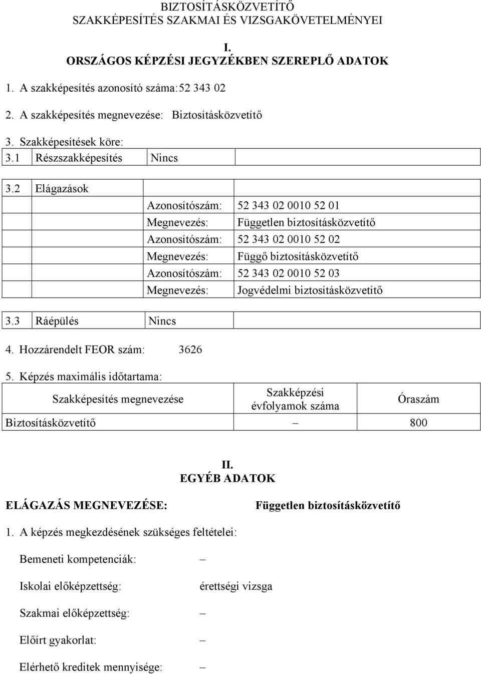 2 Elágazások Azonosítószám: 52 343 02 0010 52 01 Megnevezés: Független biztosításközvetítő Azonosítószám: 52 343 02 0010 52 02 Megnevezés: Függő biztosításközvetítő Azonosítószám: 52 343 02 0010 52