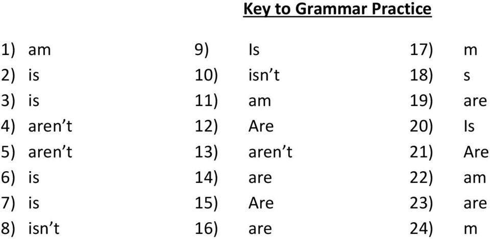 Are 20) Is 5) aren t 13) aren t 21) Are 6) is 14)