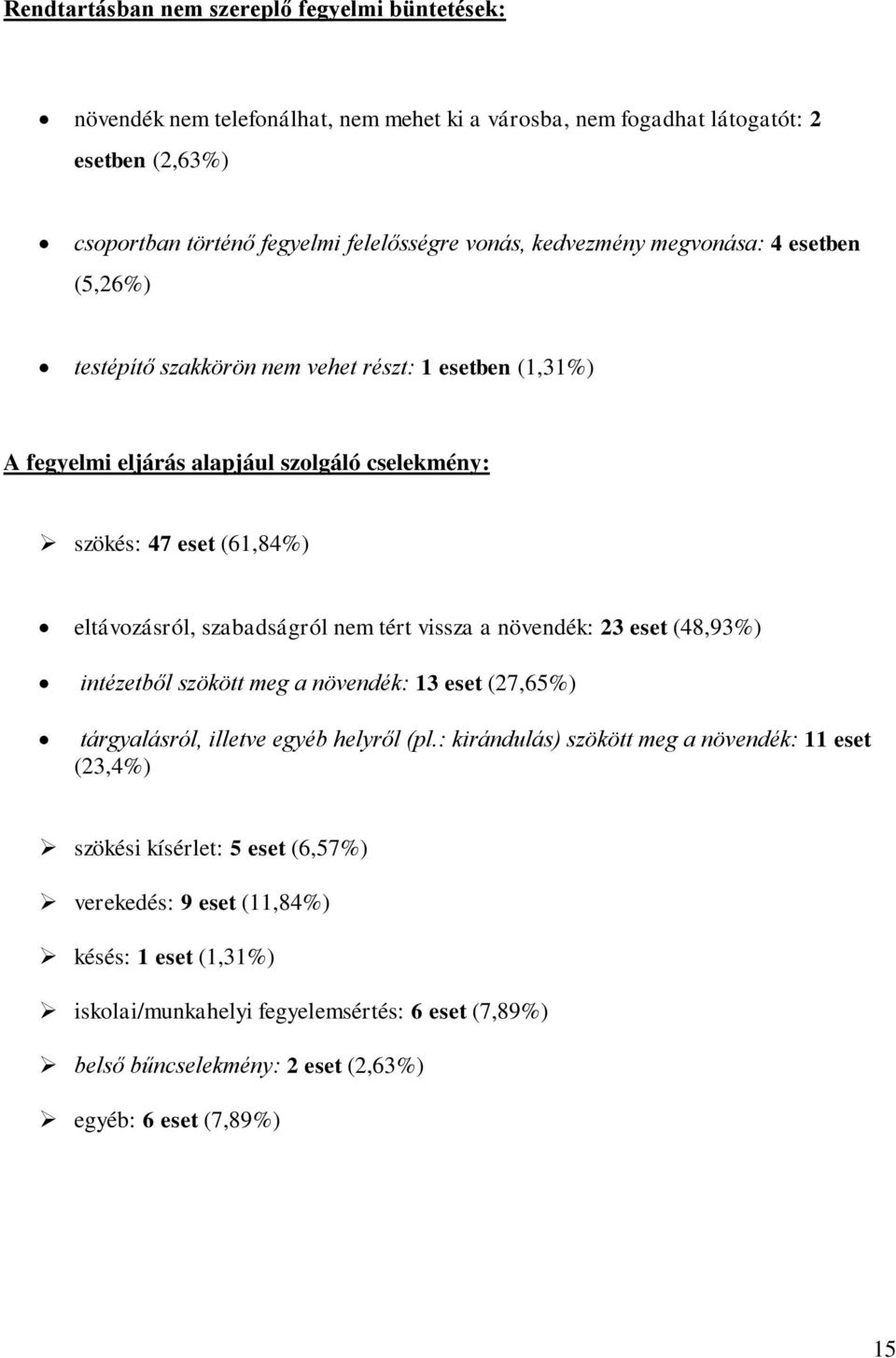 szabadságról nem tért vissza a növendék: 23 eset (48,93%) intézetből szökött meg a növendék: 13 eset (27,65%) tárgyalásról, illetve egyéb helyről (pl.