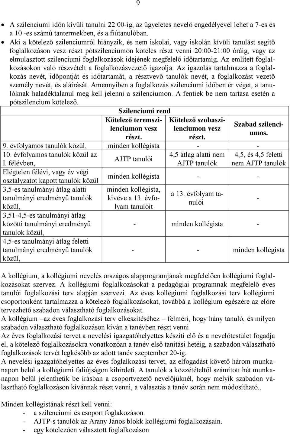 szilenciumi foglalkozások idejének megfelelő időtartamig. Az említett foglalkozásokon való részvételt a foglalkozásvezető igazolja.