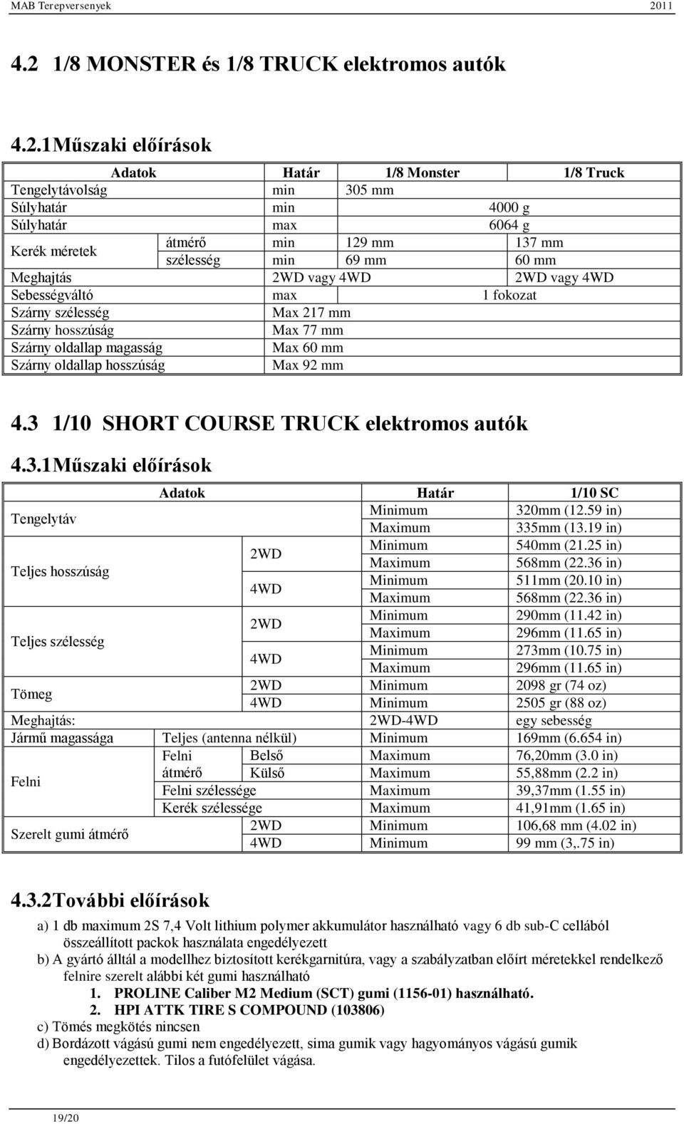 Szárny oldallap hosszúság Max 92 mm 4.3 1/10 SHORT COURSE TRUCK elektromos autók 4.3.1 Műszaki előírások Adatok Határ 1/10 SC Tengelytáv Minimum 320mm (12.59 in) Maximum 335mm (13.