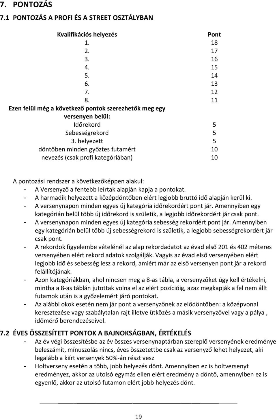 helyezett 5 döntőben minden győztes futamért 10 nevezés (csak profi kategóriában) 10 A pontozási rendszer a következőképpen alakul: - A Versenyző a fentebb leírtak alapján kapja a pontokat.