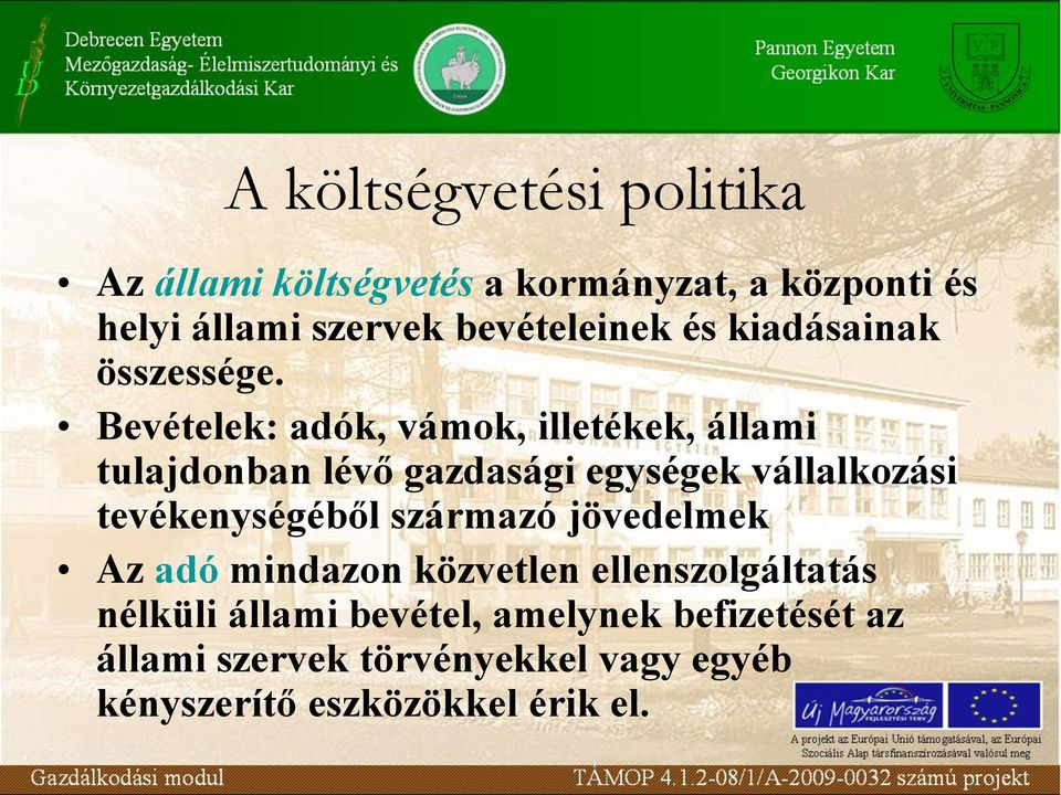 Bevételek: adók, vámok, illetékek, állami tulajdonban lévő gazdasági egységek vállalkozási tevékenységéből