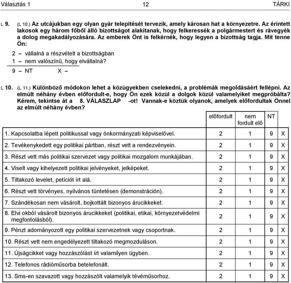 Mit tenne Ön: 2 vállalná a részvételt a bizottságban 1 nem valószínű, hogy elvállalná? L 10. (L 11.) Különböző módokon lehet a közügyekben cselekedni, a problémák megoldásáért fellépni.