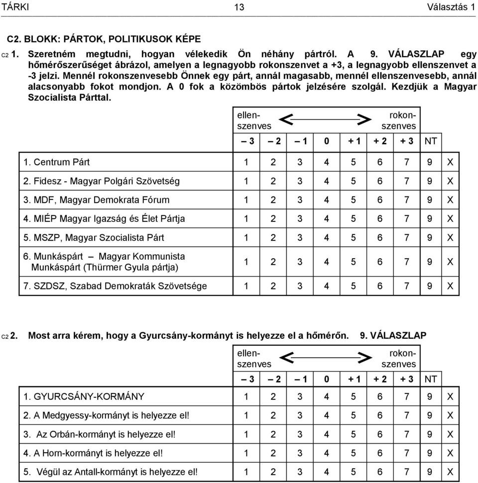 Mennél rokonszenvesebb Önnek egy párt, annál magasabb, mennél ellenszenvesebb, annál alacsonyabb fokot mondjon. A 0 fok a közömbös pártok jelzésére szolgál. Kezdjük a Magyar Szocialista Párttal.