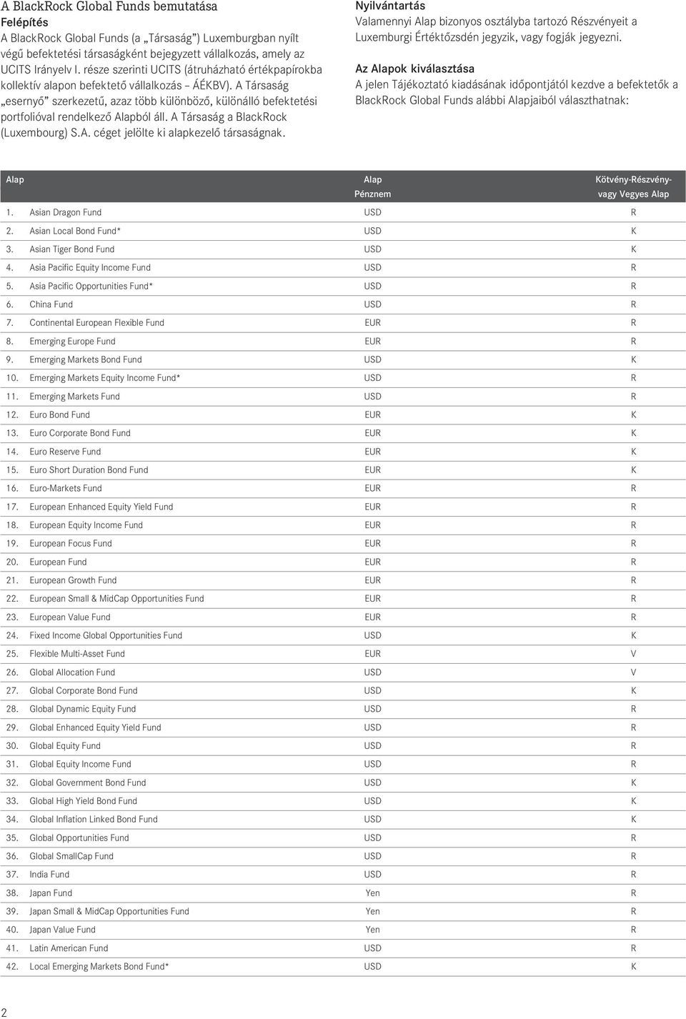 A Társaság esernyő szerkezetű, azaz több különböző, különálló befektetési portfolióval rendelkező Alapból áll. A Társaság a BlackRock (Luxembourg) S.A. céget jelölte ki alapkezelő társaságnak.