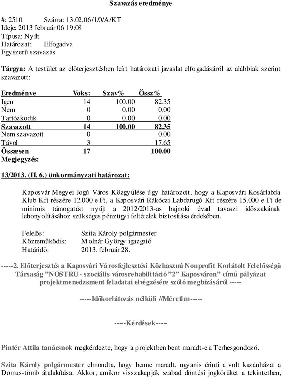 000 e Ft, a Kaposvári Rákóczi Labdarugó Kft részére 15.