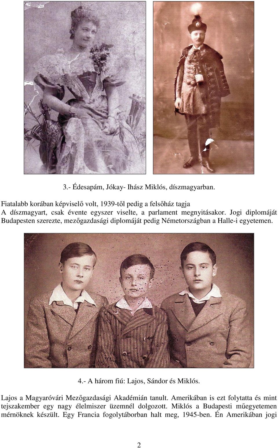 Jogi diplomáját Budapesten szerezte, mezıgazdasági diplomáját pedig Németországban a Halle-i egyetemen. 4.- A három fiú: Lajos, Sándor és Miklós.