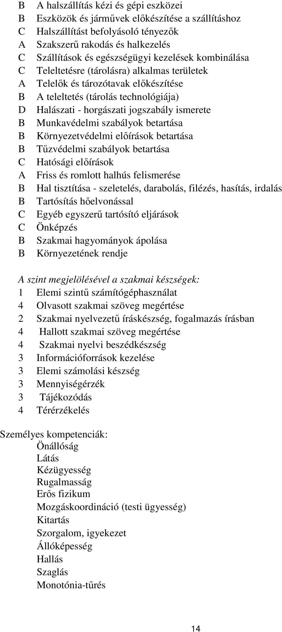 betartása Környezetvédelmi előírások betartása Tűzvédelmi szabályok betartása Hatósági előírások Friss és romlott halhús felismerése Hal tisztítása - szeletelés, darabolás, filézés, hasítás, irdalás