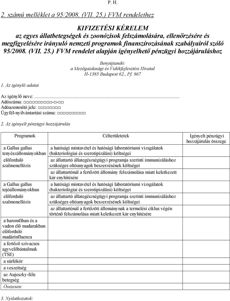 (VII. 25.) FVM rendelet alapján igényelhető pénzügyi hozzájáruláshoz 1. Az igénylő adatai Benyújtandó: a Mezőgazdasági és Vidékfejlesztési Hivatal H-1385 Budapest 62., Pf. 867 Az igénylő neve:.