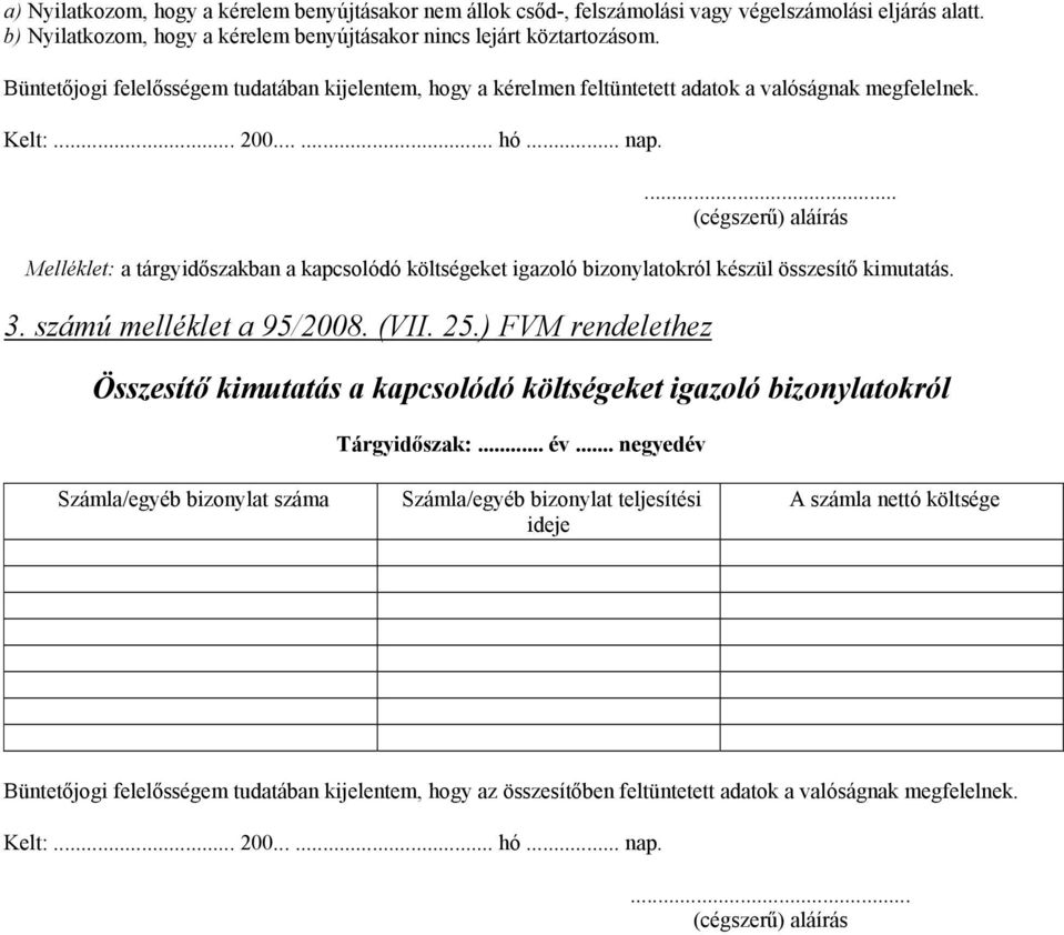 ... (cégszerű) aláírás Melléklet: a tárgyidőszakban a kapcsolódó költségeket igazoló bizonylatokról készül összesítő kimutatás. 3. számú melléklet a 95/2008. (VII. 25.