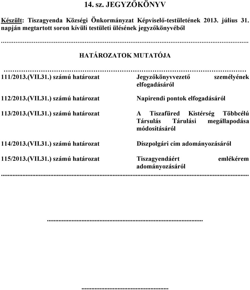 ) számú határozat Jegyzőkönyvvezető személyének elfogadásáról 112/2013.(VII.31.
