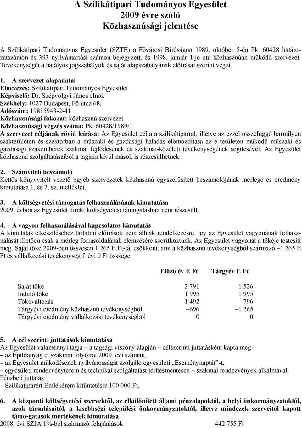 Tevékenységét a hatályos jogszabályok és saját alapszabályának előírásai szerint végzi. 1. A szervezet alapadatai Elnevezés: Szilikátipari Tudományos Egyesület Képviselő: Dr.