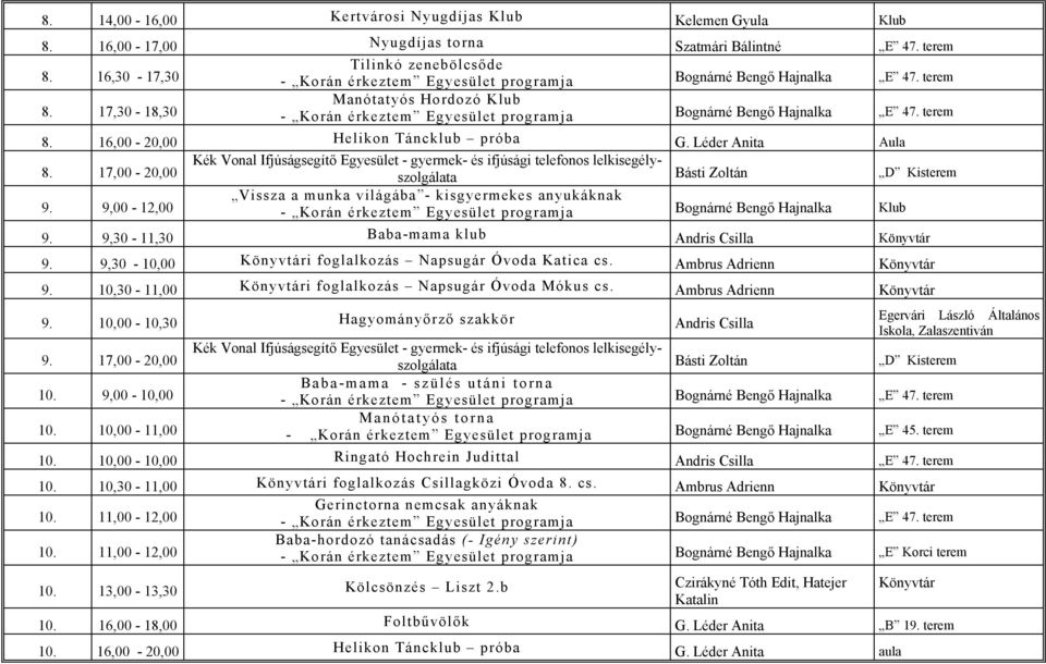9,00-12,00 Vissza a munka világába - kisgyermekes anyukáknak - Korán érkeztem Egyesület programja Bognárné Bengő Hajnalka Klub 9. 9,30-11,30 Baba-mama klub Andris Csilla Könyvtár 9.