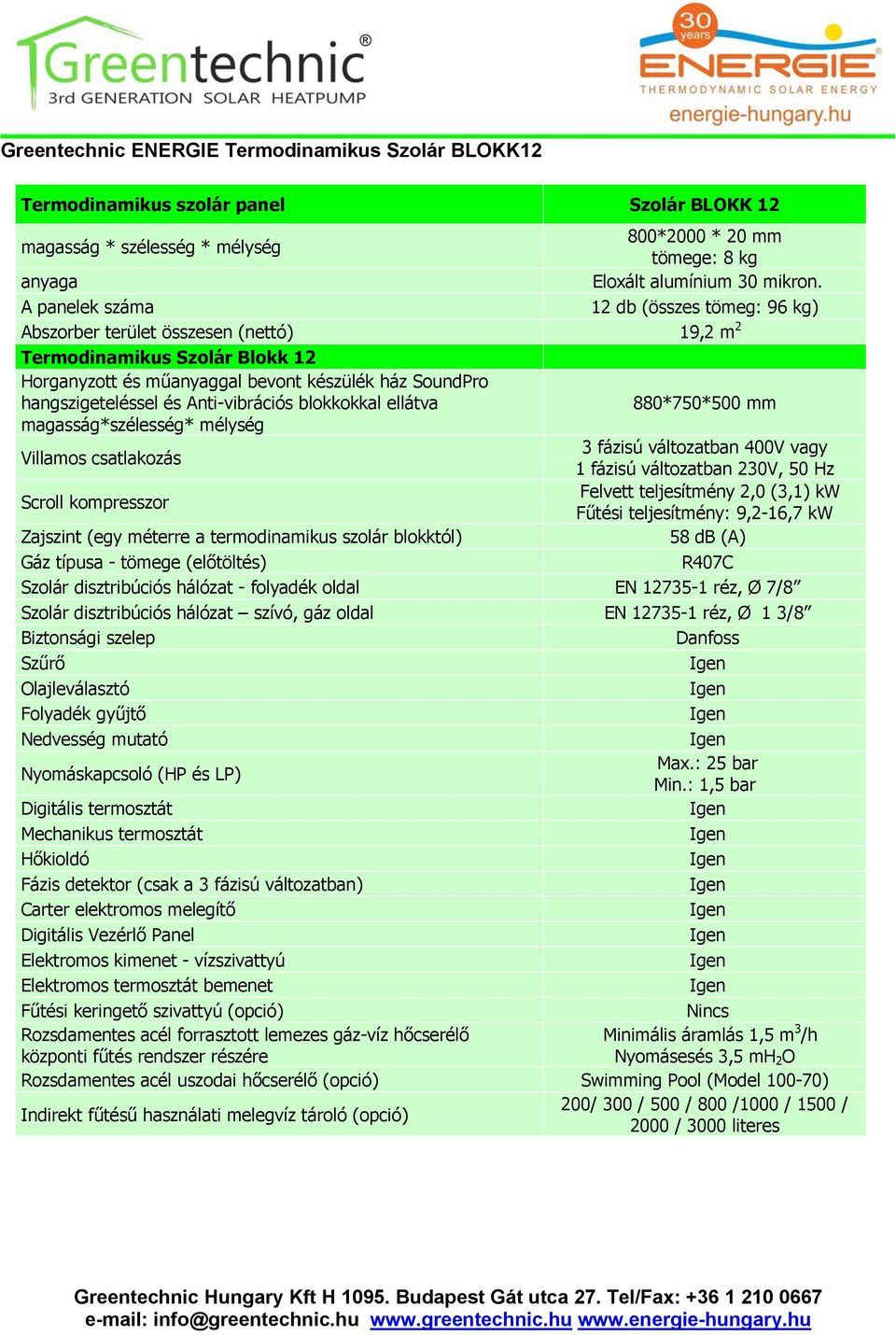 Anti-vibrációs blokkokkal ellátva 880*750*500 mm magasság*szélesség* mélység Villamos csatlakozás 3 fázisú változatban 400V vagy 1 fázisú változatban 230V, 50 Hz Scroll kompresszor Felvett