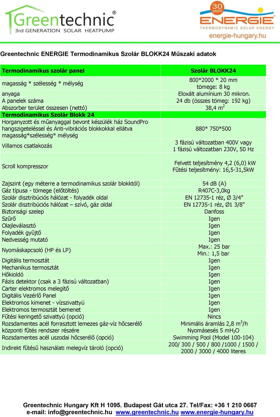 és Anti-vibrációs blokkokkal ellátva magasság*szélesség* mélység Villamos csatlakozás 880* 750*500 3 fázisú változatban 400V vagy 1 fázisú változatban 230V, 50 Hz Scroll kompresszor Felvett