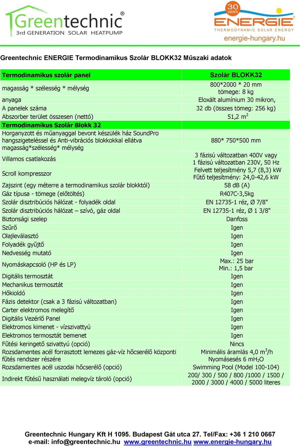 hangszigeteléssel és Anti-vibrációs blokkokkal ellátva 880* 750*500 mm magasság*szélesség* mélység Villamos csatlakozás 3 fázisú változatban 400V vagy 1 fázisú változatban 230V, 50 Hz Scroll