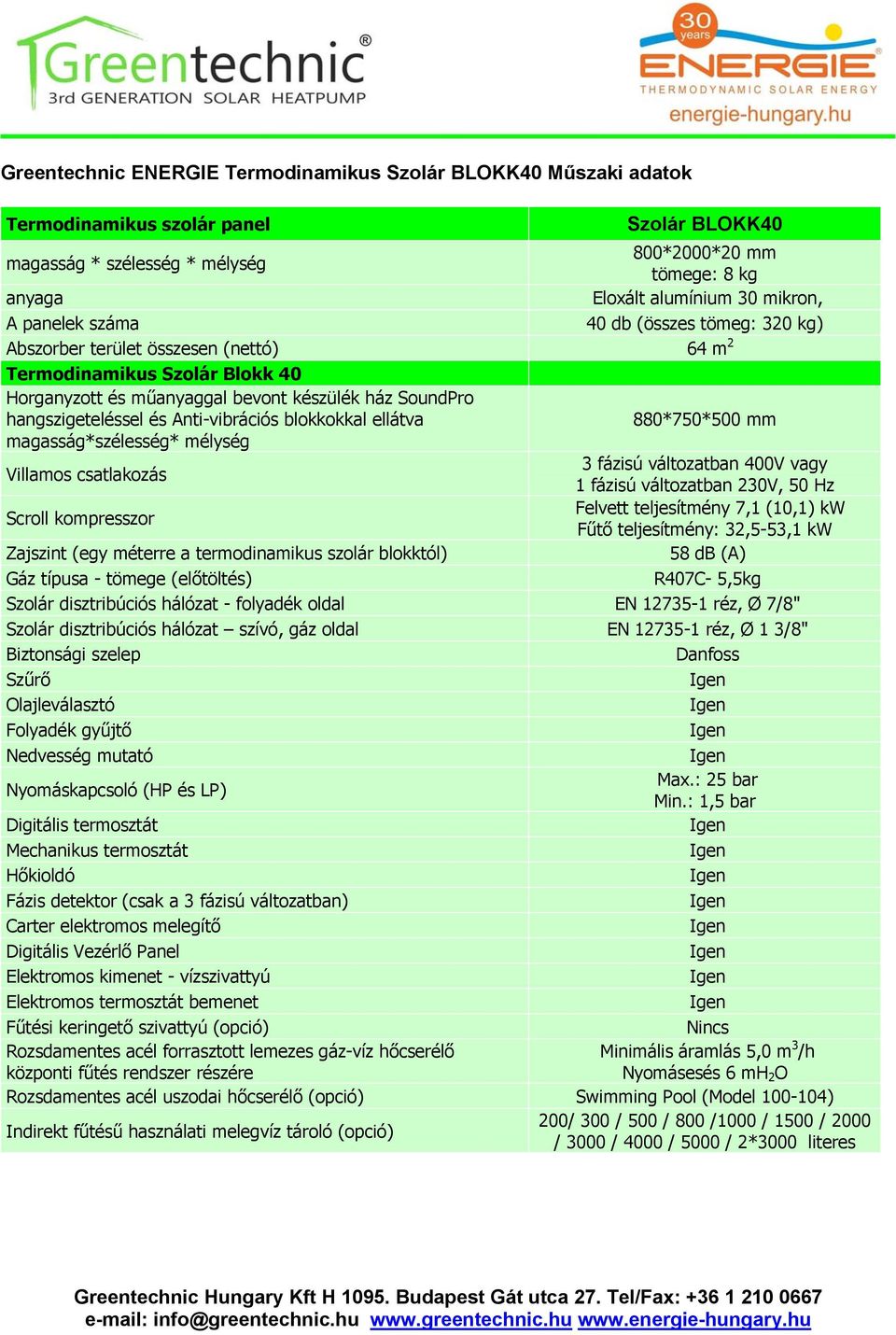 és Anti-vibrációs blokkokkal ellátva 880*750*500 mm magasság*szélesség* mélység Villamos csatlakozás 3 fázisú változatban 400V vagy 1 fázisú változatban 230V, 50 Hz Scroll kompresszor Felvett