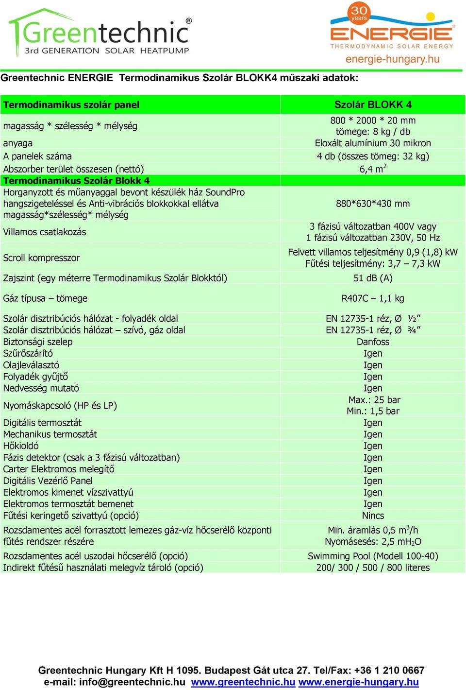 hangszigeteléssel és Anti-vibrációs blokkokkal ellátva magasság*szélesség* mélység Villamos csatlakozás Scroll kompresszor Zajszint (egy méterre Termodinamikus Szolár Blokktól) 880*630*430 mm 3