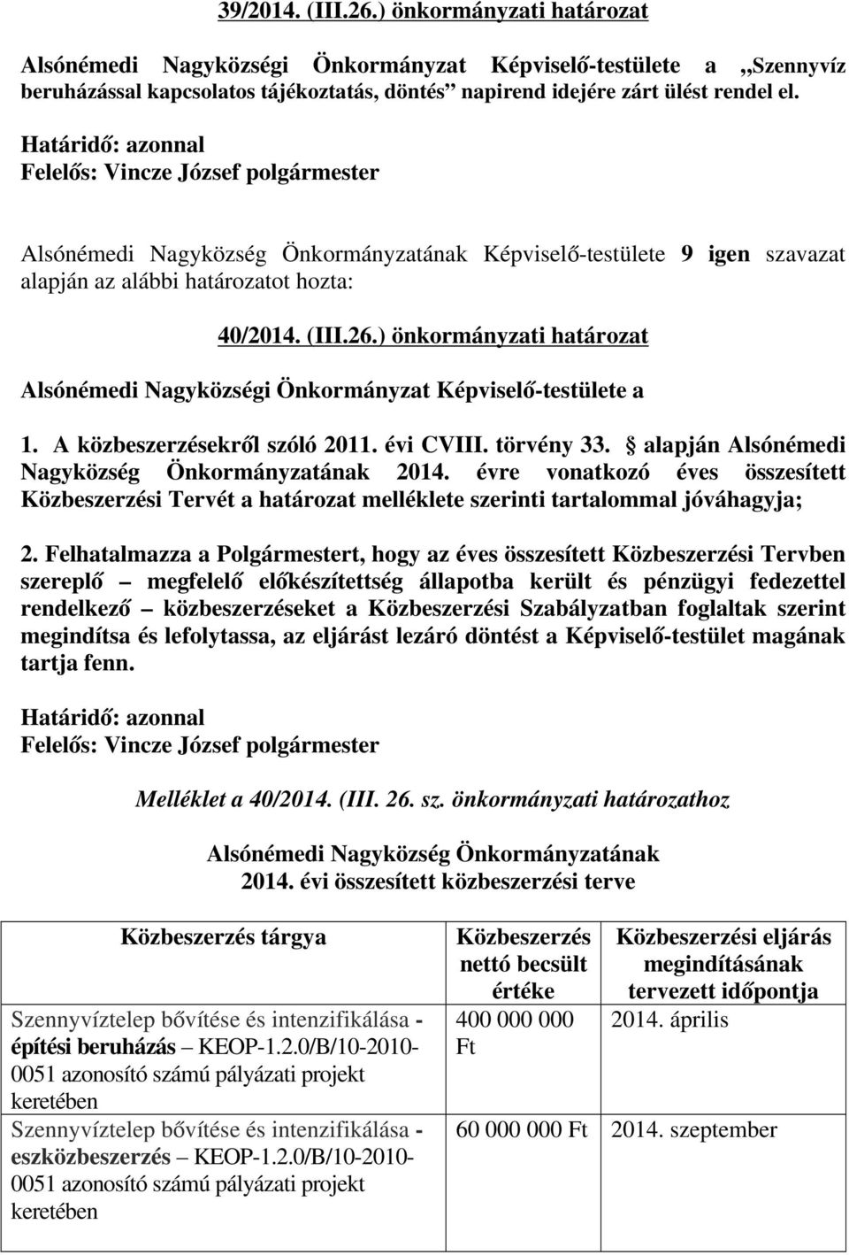 alapján Alsónémedi Nagyközség Önkormányzatának 2014. évre vonatkozó éves összesített Közbeszerzési Tervét a határozat melléklete szerinti tartalommal jóváhagyja; 2.