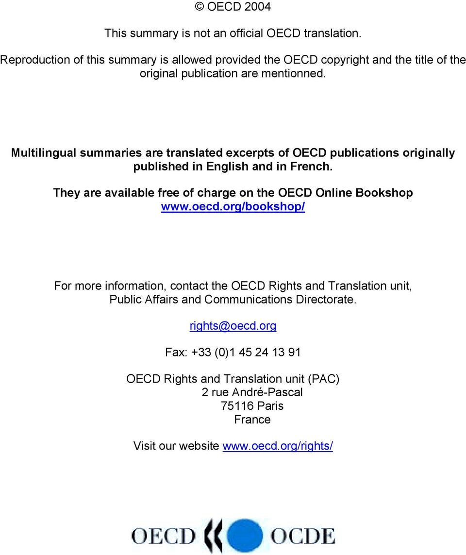 Multilingual summaries are translated excerpts of OECD publications originally published in English and in French.