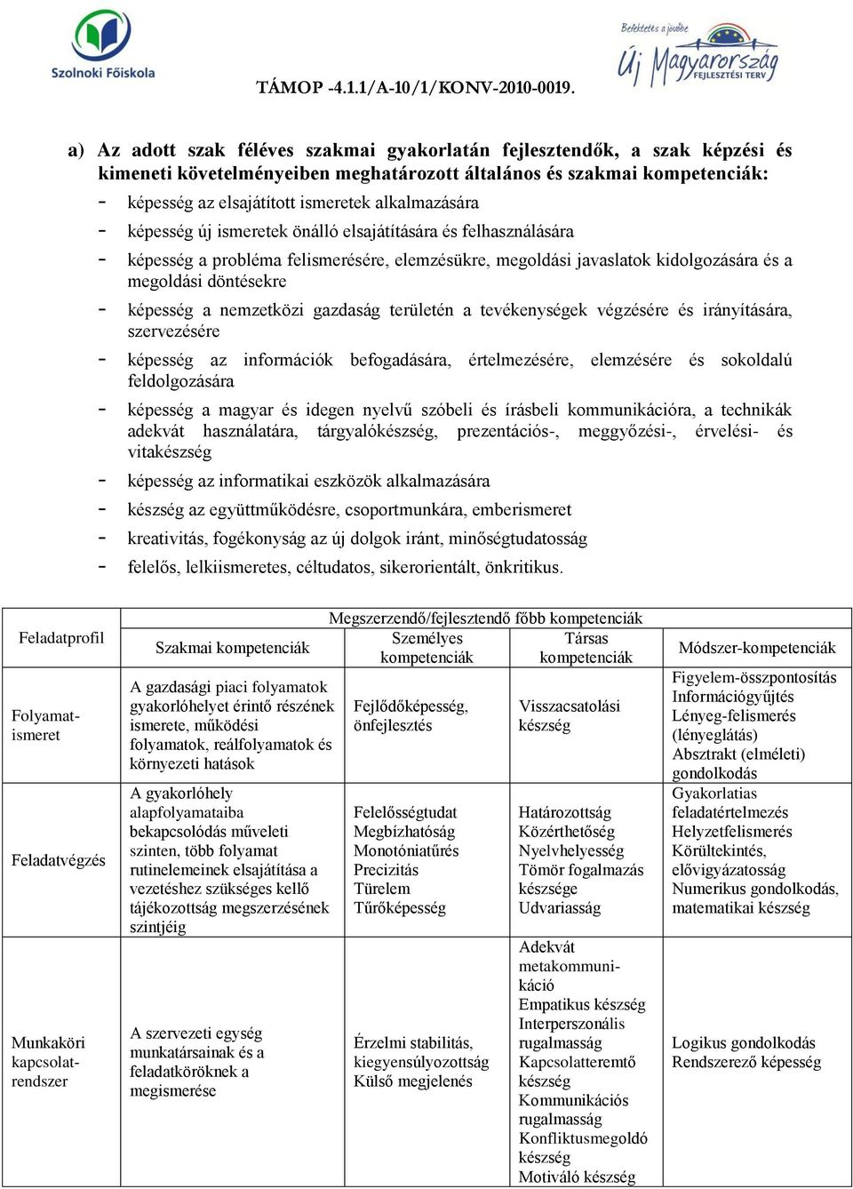 képesség a nemzetközi gazdaság területén a tevékenységek végzésére és irányítására, szervezésére - képesség az információk befogadására, értelmezésére, elemzésére és sokoldalú feldolgozására -