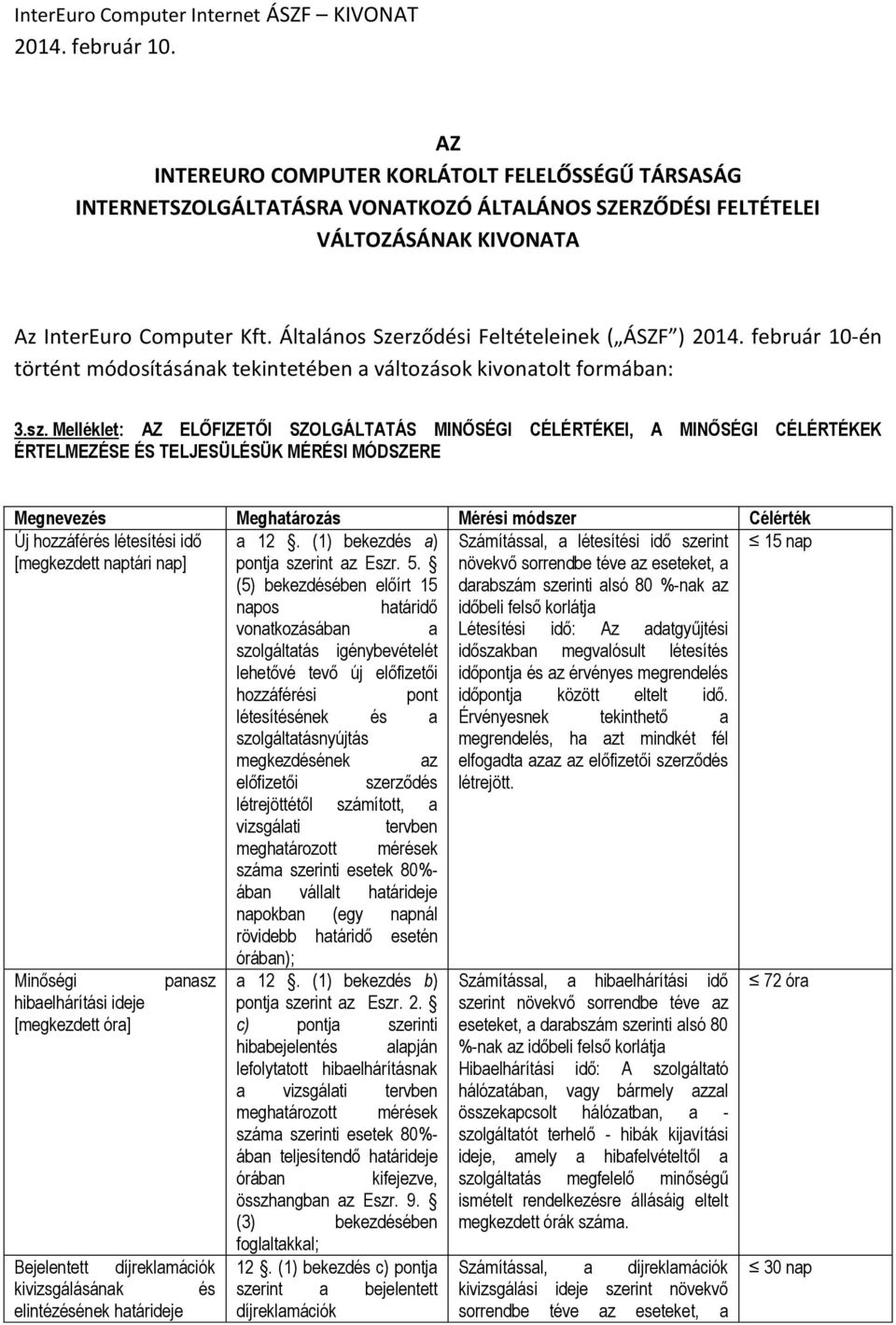 Általános Szerződési Feltételeinek ( ÁSZF ) 2014. február 10-én történt módosításának tekintetében a változások kivonatolt formában: 3.sz.
