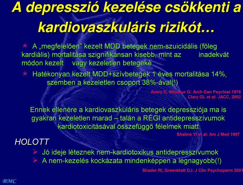 ) Avery D, Winokur G: Arch Gen Psychiat 1976 Clary GL et al: JACC, 2002 Ennek ellenére a kardiovaszkuláris betegek depressziója ma is gyakran kezeletlen marad talán a RÉGI