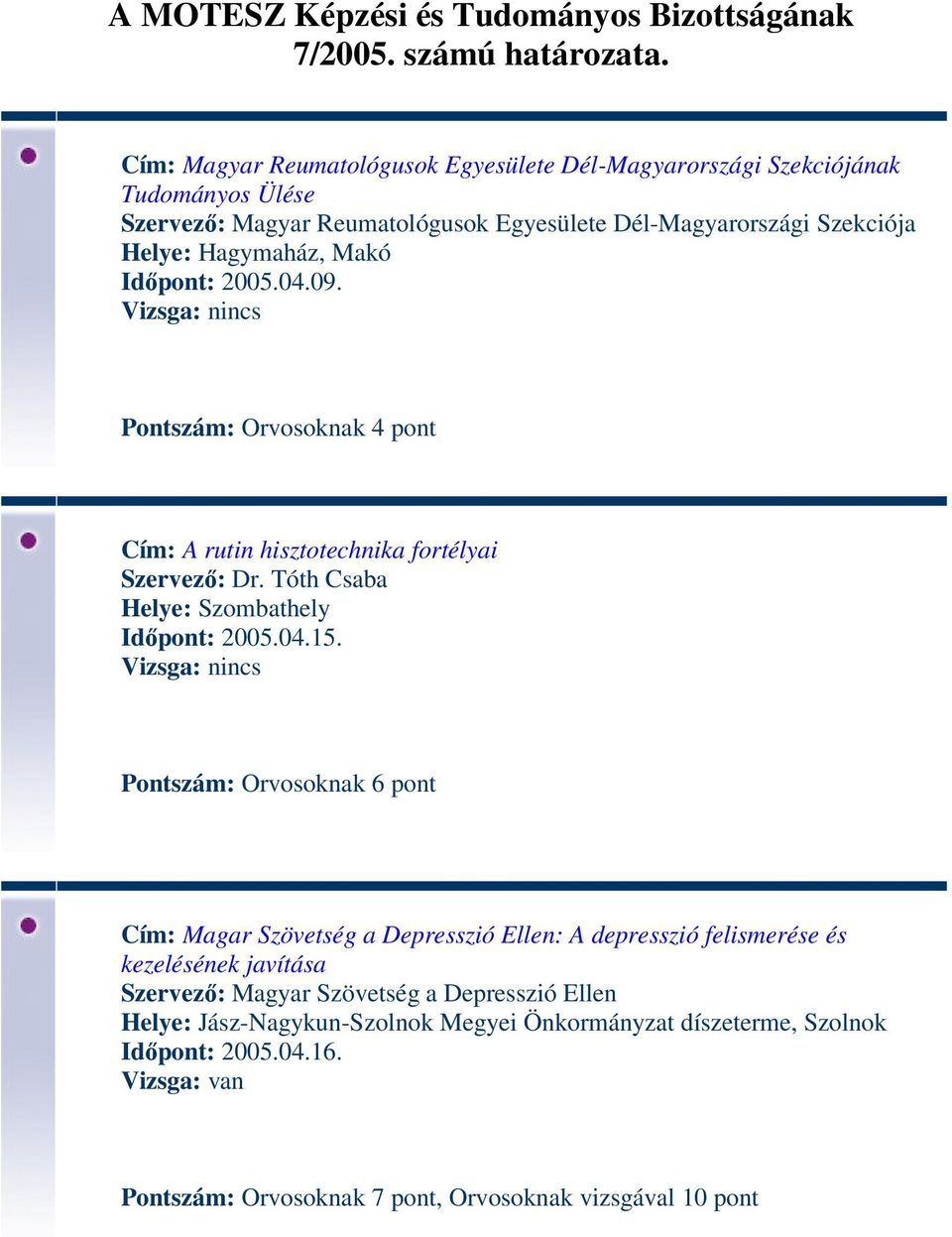 Makó Időpont: 2005.04.09. Pontszám: Orvosoknak 4 pont Cím: A rutin hisztotechnika fortélyai Szervező: Dr. Tóth Csaba Helye: Szombathely Időpont: 2005.04.15.